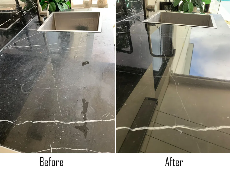 Black marble benchtop, before and after re-polishing